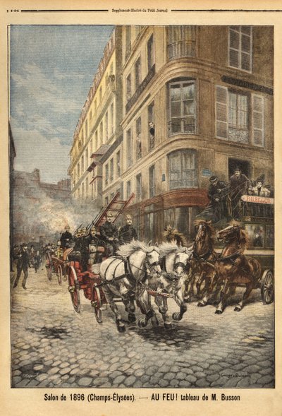 Ångpumpen och fordonen från brandmännen i Paris, enligt en målning av Mr. Busson. Gravyr i "" Le petit journal"" 1896-05-03. Selvas samling. av Unknown artist