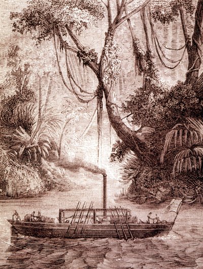 Ångbåten av John Fitch, amerikansk uppfinnare, på Delawarefloden omkring 1791. av Unknown artist