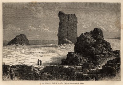 Ruinerna av Birs Nimroud med skyltfönster, som turistsamhället i Bagdad (Irak) vid den tiden identifierar som Babels mytomspunna torn. Engravure pour illustrrer le voyage dans la Babylon, en 1866, av Guillaume Lejean, i "Le tour du monde, nouveau j av Unknown artist