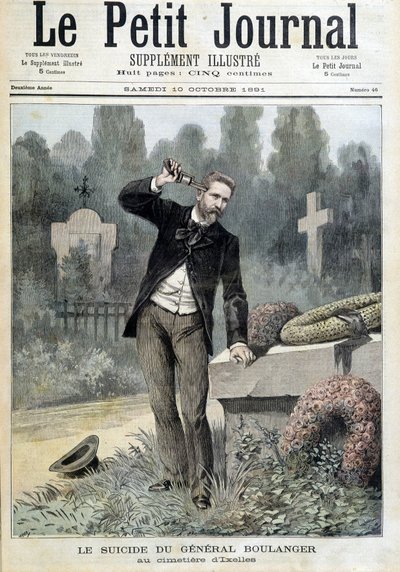 General Boulangers självmord på kyrkogården i Ixelles - i "Le Petit Journal" av 1891-10-10 (gravyr) av Unknown artist
