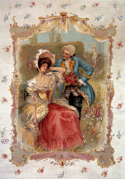 Den ljuva bekännelsen En man som uppvaktar en kvinna på 1700-talet. Litografi av 1800-talets Paris, Dekorativ konst av Unknown artist