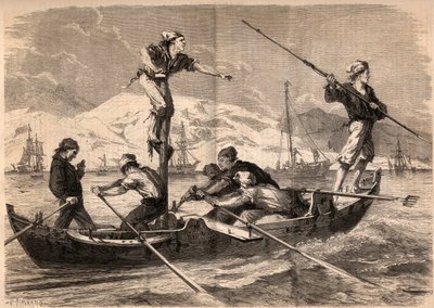 Svärdfisken harpunfiske (pesce spada, svärdfisk) på Siciliens kust i Italien 1862. Gravyr i "Le Monde illustrious"" från 1862. Privat samling. av Unknown artist