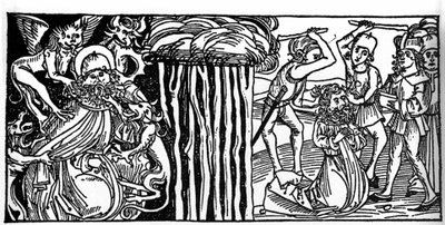 Frestelserna av Sankt Antonius den Store (eller Sankt Antonius Eremiten eller Sankt Antonius Abbe), och till höger hans martyrskap efter. Gravyr från "Leben der Heiligen - sommerteil" (Helgonets bok) av Jacobus (James) av Voragine (1228-1298). L av Unknown artist