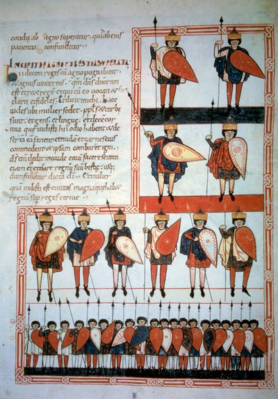 Apokalypsens tio kungar vapen av spjut och sköldar med sina trupper. Miniatyr i "" Beatus de Liebana, Commentary on the Apocalypse"" (Folio 193), av Stephanus Garcia av Unknown artist