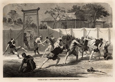 Träning av japanska krigare i strid med svärd och spjut, i en slags arena omgiven av sträckt duk. Gravyr för att illustrera resan till Japan, 1863-1864, av Aime Humbert, minister för Schweiziska edsförbundet, i "" Le tour du monde, nouveau av Unknown artist