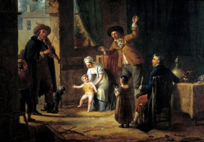 Den resande musikern En violinist spelar musik vid dörren till ett familjehus. Anonym målning. 1819 Paris, Dekorativ konst av Unknown artist