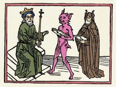 Rättegången mot Belial: "Demon Belial presenterar sina referenser till domare Solomon" "Gravering från "The trial of Belial"" av Jacobus de Teramo (eller Palladino), Ausburg av Unknown artist