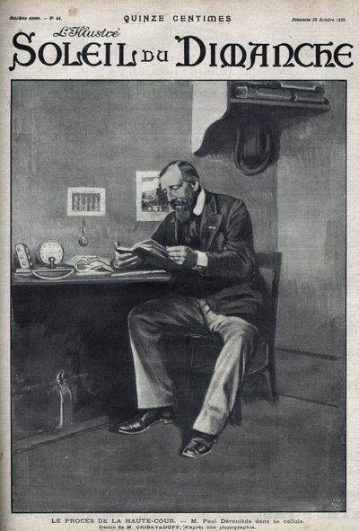 Rättegången mot High Court: Paul Deroulede (1846-1914), en fransk författare och nationalistisk aktivist som är en viktig aktör i anti-dreyfusism, i sin cell efter sitt försök till statskupp den 23 februari. Gravyr i ”” Le sun-du-dimanche””, 29 oktober av Unknown artist