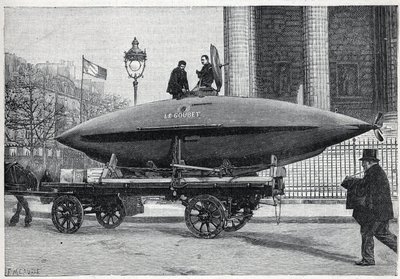 Undervattensbåten (ubåten) "" Le Goubet"", transporterar för experiment, passerar Place de la Madeleine i Paris. Gravyr i "" La Nature"" av Unknown artist