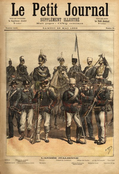 Den italienska arméns uniformer, en häst från vänster till höger: artilleriet, kavalleriofficeren, generalen, översten av carabinieri, guidens officer, 10:e spjutregementet, den hundrade. Stående från vänster till höger: karbinhaken, th av Unknown artist