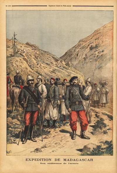 Arméns uniformer, en kampanjdräkt för expeditionen från Madagaskar. Gravyr i "" Le petit journal"" 1895-04-21. Selvas samling. av Unknown artist