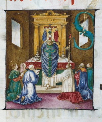Värdens upplyftning. Lettrine S. - från en 1500-talskör. Kyrkan av den krönade jungfrun av Lodi. av Unknown artist