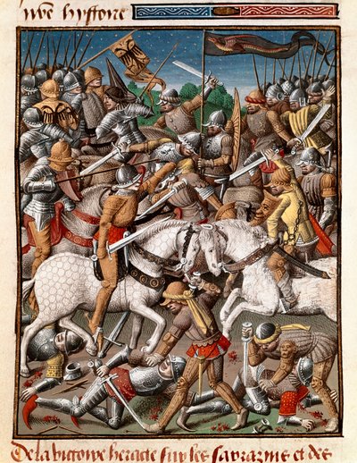 Den bysantinske kejsaren Heraclius (Herakleios (cirka 575-641) seger över sarrazins miniatyr i "" Le miroir historial"" (Speculum Historiale) (ms. 1196 fol. 65 v.) av Vincent de Beauvais (1190-1264) översatt till franska av Jean de Vignay av Unknown artist