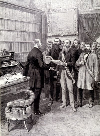 Arbetardelegaternas besök i Palais Bourbon (Jules Guesde, Ferroul, Baudin och Thivrier) hos ordförandeskapets generalsekreterare: Martin, under demonstrationen den 1 maj av Unknown artist