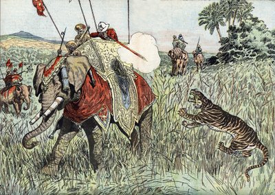 Prinsen av Wales (dåvarande Edvard VIII, dåvarande hertigen av Windsor) (1894-1972) resa till Brittiska Indien, här representerad under en tigerjakt" (Prins Edvard av Wales under en tigerjakt i Brittiska Indien av Unknown Artist