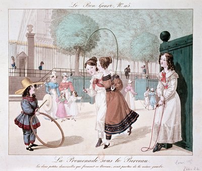 Vandringen under vaggan: De två små damerna som bildar denna vagga är från samma ben (Jardin des Tuileries), ca. 1840 av Unknown artist