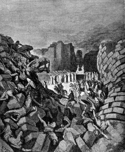 Jerikos murar kollapsade till ljudet av Hoseas trumpeter, vilket gjorde att hebréerna kunde gripa dem. Josuas bok. Gravyr av 1800-talet. av Unknown artist