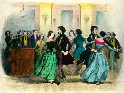 Valsen: en boll i medelklassen. 1800-tals litografi. av Unknown artist
