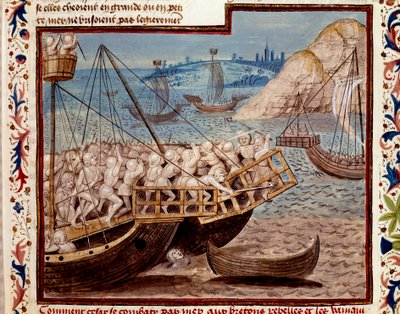 Gallernas krig: "" Barkningen av Jules Cesars trupper och segern över bretonerna""" Miniatyr hämtad från "" The Facts of the Romans"" (eller Li Fet of the Romans), sammanställd av Saluste och Suetoine och Lucan. 1480 (ms. 1055, fol. 54 av Unknown artist