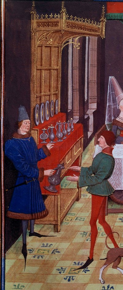 Bröllopsbanketten för Clarisse, dotter till kung Yvon av Gascogne och Renaud. Detalj som representerar tjänarna som kommer med vin. Miniatyr från manuskriptet "Renaud de Montauban" eller "Les quatre fils Aymon" av Loyset Liedet (aktiv mellan 1448 och 1478) av Unknown artist