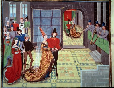 Renauds och Clarisses bröllop, i bakgrunden på bröllopsnatten. Miniatyr från manuskriptet "Renaud de Montauban" eller "Les quatre fils Aymon" av Loyset Liedet (aktiv mellan 1448 och 1478). Ms. 5073. 1400-talets Bibliotheque de l