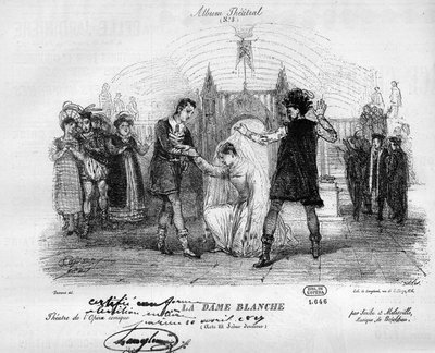 Den vita damen i originalkostymerna från 1825. Opera i tre akter av Francois Adrien Boieldieu (1775-1834). Gravyr i "" Le Monde Illustré"" av Unknown artist