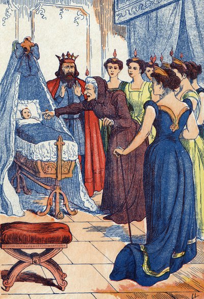 Den onda avgiften förutspår att prinsessan kommer att sticka hål i hennes hand. Illustration till "La belle au bois dormant", berättelse av Charles Perrault (1628-1703), fransk författare. Illustration anonym. Bildspråk Marcel Vagne, Jarville Nancy, odater av Unknown artist