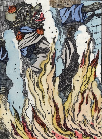 Vargen faller in i skorstenens eld. Illustration av berättelsen "Compere le Loup, Maitre Renard, Comere la Chevre et ses petits biquets"" efter en fabel av Jean de la Fontaine. I "" Sagor från hemmet för de minsta"". Anonym gravyr av th av Unknown artist