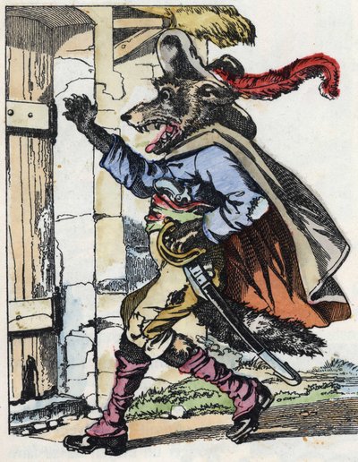 Vargen knackar på dörren till bikethuset. Illustration av berättelsen "Compere le Loup, Maitre Renard, Comere la Chevre et ses petits biquets"" efter en fabel av Jean de la Fontaine. I "" Sagor från hemmet för de minsta"". Anonym gravyr o av Unknown artist