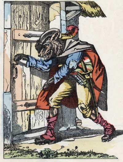 Vargen knackar på dörren till bikethuset. Illustration av berättelsen "Compere le Loup, Maitre Renard, Comere la Chevre et ses petits biquets"" efter en fabel av Jean de la Fontaine. I "" Sagor från hemmet för de minsta"". Anonym gravyr o av Unknown artist