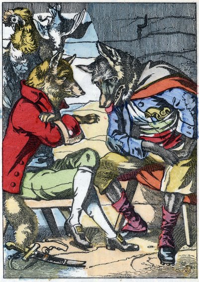 Vargen möter räven igen. Illustration av berättelsen "Compere le Loup, Maitre Renard, Comere la Chevre et ses petits biquets"" efter en fabel av Jean de la Fontaine. I "" Sagor från hemmet för de minsta"". Anonym gravyr från 1800-talet. av Unknown artist
