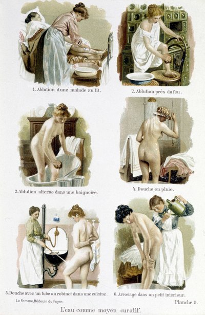 Kvinnan, hemläkare: vatten som ett botande medel. 1.Alution av en sjuk person i sängen, 2.Alution genom brand, 3.Alution alternerar i ett badkar, 4.Regndusch, 5.Dusch med ett kranrör av ett kök, 6.Vattna i en liten interiör - i “ Kvinnan, hemläkaren”” av Unknown artist