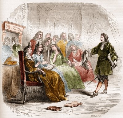 Författaren Georges de Scudery (1598-1667) under en litterär salong anordnad av hans syster, Madeleine de Scudery, 1650. Gravyr från 1860-1861. av Unknown artist