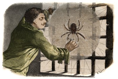 Författaren Paul Pellisson (Paul Pellisson-Fontanier dit) (Pellisson Fontanier) (1624-1693) tämjer en araignee under hans fängelse vid Bastiljen. Gravyr från 1858 i "" Le Musee Des Sciences"" av Unknown artist