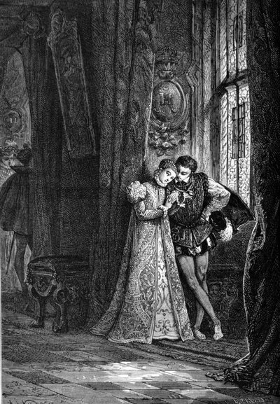 De unga fästmöarna Marie Iere Stuart (1542 - 1587) och Francois II (1544 - 1560) gillade att sätta sig åt sidan för att skapa förtroende. Gravyr av 1800-talet. av Unknown artist
