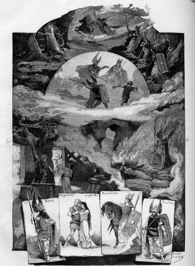 Teaterstycket "" Die Walkure"" (Valkyrian), drama av Richard Wagner (1813-1883) representerar på Théâtre de la Monnaie i Bryssel. Gravyr i ""The illustrious world"" av Unknown artist