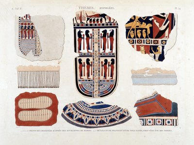 Thebe, Hypogees: 1.2.3.6.7.8. målningar från mumiekuvert 4.5. Detaljer om en lugg och en randig duk, hittade på mumier - i "" Beskrivning av Egypten"" 1809, Antiquite vol 2 pl 112 av Unknown artist