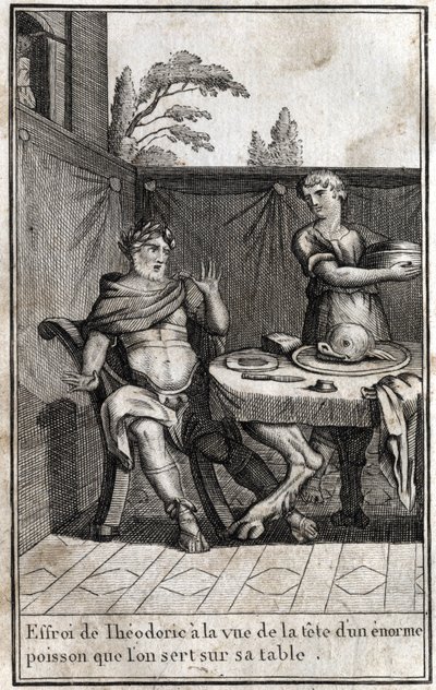 Theodorik den store (ca 454/455-526), kung av goterna, blir rädd vid åsynen av huvudet av en enorm fisk som serverar på hans bord. Gravyr i "Beaute de l