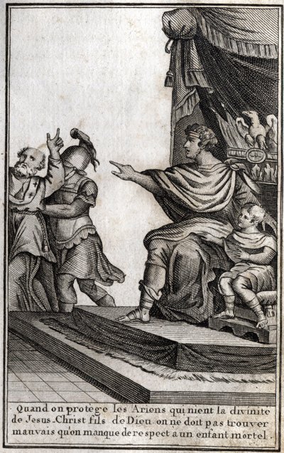 Theodosius I (Flavius Theodosius) (347-395), romersk kejsare, lät arrestera Amphiloque, eveque av Icone, för bristande respekt för sin son, Arcadius (377-408). Kvällen förklarar "När vi skyddar arianerna som förnekar Jesu Kristi gudomlighet, Guds son, måst av Unknown artist