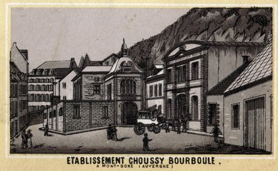 Termiska anläggningar i Choussy a Bourboule i Monts Dore-massivet, i departementet Puy-de-Dome i Auvergne. Kromolitografi från slutet av 1800-talet. av Unknown artist