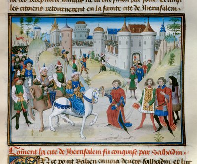 The Third Crusade: The Capture of Jerusalem av Sultan Saladin (1138-1193). Miniatyr från "" Chronicle abregee"" av David Aubert av Unknown artist