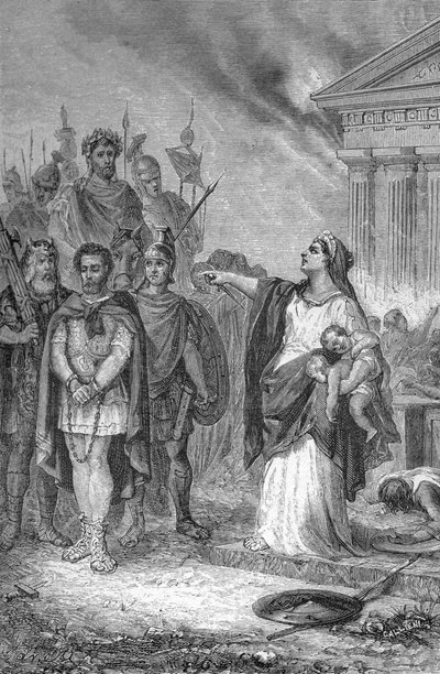 Tredje puniska kriget: självmord av hustru till den karthagiska generalen. Gravyr 1884 av Unknown artist