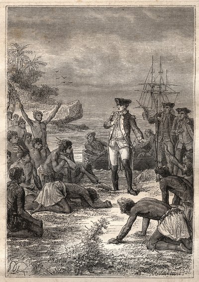 Tredje resan (1776-1779) av kapten James Cook (1728-1779): Cook välkomnas av de infödda (Hawaii) - illustration hämtad från "The Great Mariners of the 18th century" av Unknown artist