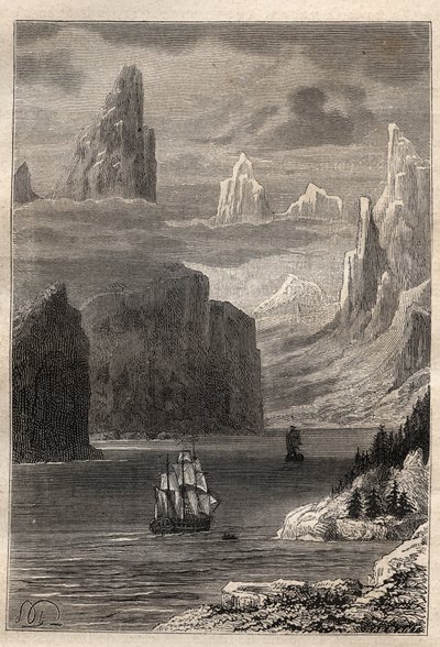 Tredje resan (1776-1779) av kapten James Cook (1728-1779): Prins Williams inträde (Prince William) (Alaska) - illustration hämtad från "The Great Mariners of the 18th century"" av Unknown artist