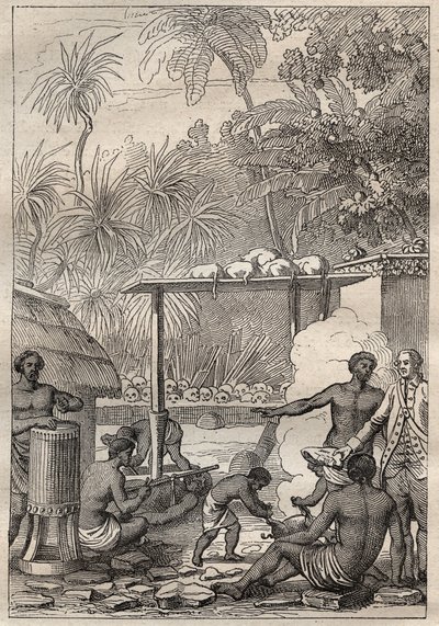 Tredje resan (1776-1779) av kapten James Cook (1728-1779): människooffer till Tahiti - illustration hämtad från "The Great Mariners of the 18th century"" av Unknown artist