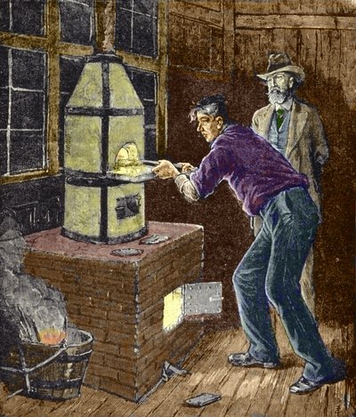 Thomas Edison experimenterar omkring 1879 med karbonpapper för glödlampan. av Unknown artist