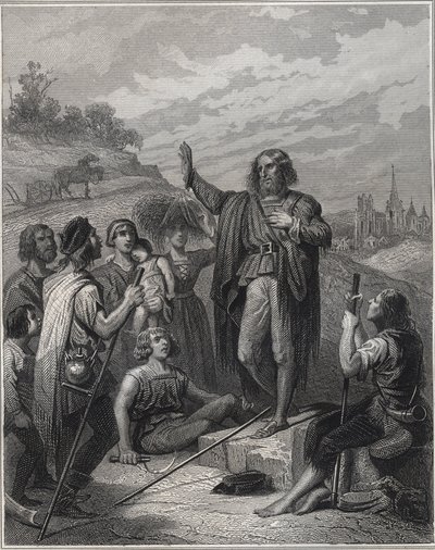 Thomas Muntzer Preaching - Thomas Muntzer (Munzer) (1489-1525) undervisar i sin doktrin - Gravyr i "Les Fastes Populaires, eller Historia om folkets heroiska handlingar och deras inflytande på vetenskapen, konsten, industrin och jordbruket" av Alphonse E av Unknown artist