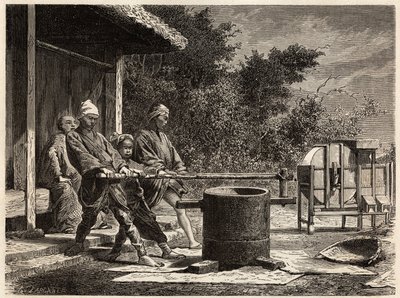 Tre bönder som driver riskvarnen. Gravyr för att illustrera resan till Japan 1863-1864, av Aime Humbert, minister för Schweiziska edsförbundet, i "Le tour du monde, nouveau journal des voyages", publicerad under ledning av Edouard Charton av Unknown artist