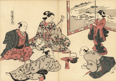 Tre samurajer lyssnar på en kurtisan som spelar shamisen, medan en kamuro kommer med mat på en bricka. Träblockstryck av Masanobu Okumura (1686-1764) från Fuzoku Emakimono, Picture Scroll of the Water Trade, Tokyo, omtryck cirka 1880. av Unknown artist