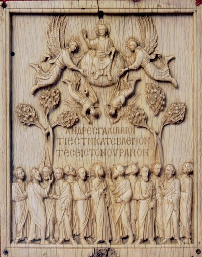 Kakel med The Ascension. Elfenbensbasrelief bevarad i Bargello National Museum i Florens av Unknown artist